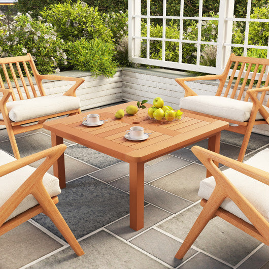 Patio Coffee Table with Umbrella Hole and Teak Oil Finish