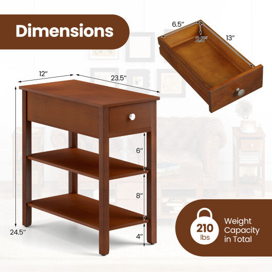 3-Tier Narrow End Table with Drawer and Storage Shelves-Walnut