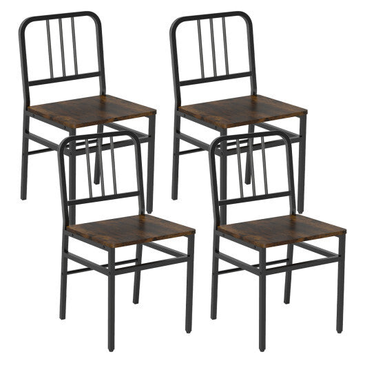 Dining Chairs Set of 4 with Slatted Backrest & Metal Frame and Wooden Seat-Rustic Brown