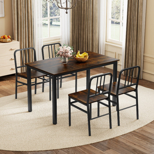 Dining Chairs Set of 4 with Slatted Backrest & Metal Frame and Wooden Seat-Rustic Brown
