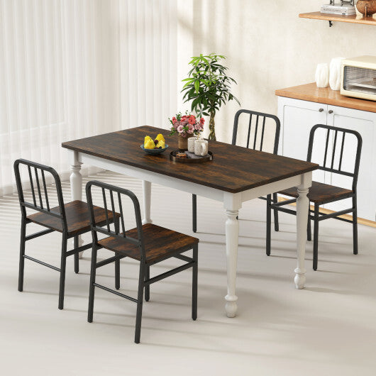 Dining Chairs Set of 4 with Slatted Backrest & Metal Frame and Wooden Seat-Rustic Brown