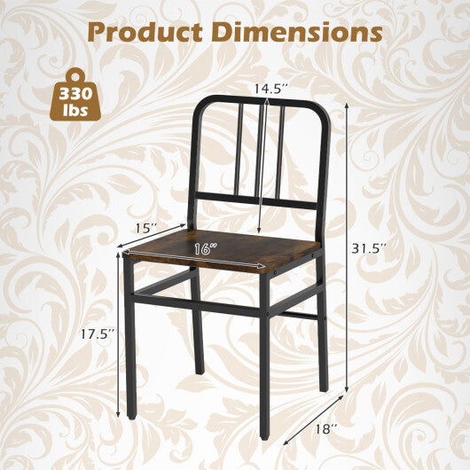Dining Chairs Set of 4 with Slatted Backrest & Metal Frame and Wooden Seat-Rustic Brown