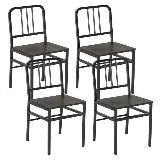 Dining Chairs Set of 4 with Slatted Backrest & Metal Frame and Wooden Seat-Rustic Brown