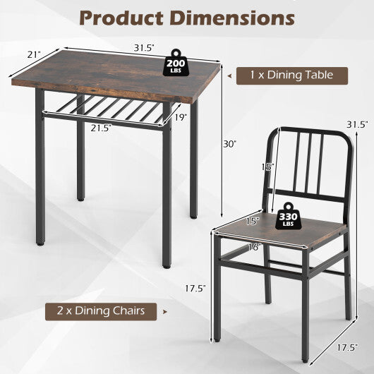 3-Piece Dining Table Set with Rectangular Kitchen Table and 2 Chairs-Rustic Brown
