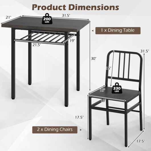 3-Piece Dining Table Set with Rectangular Kitchen Table and 2 Chairs-Rustic Brown