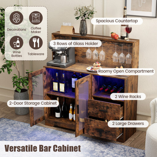 Wine Bar Cabinet with LED Lights and Charging Station-Rustic Brown