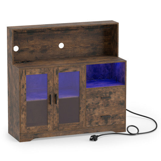 Wine Bar Cabinet with LED Lights and Charging Station-Rustic Brown