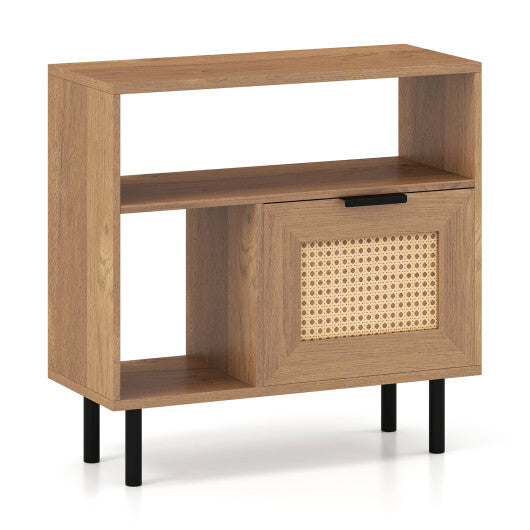 Accent Side End Table with Storage Shelf and Cabinet for Small Space-Natural
