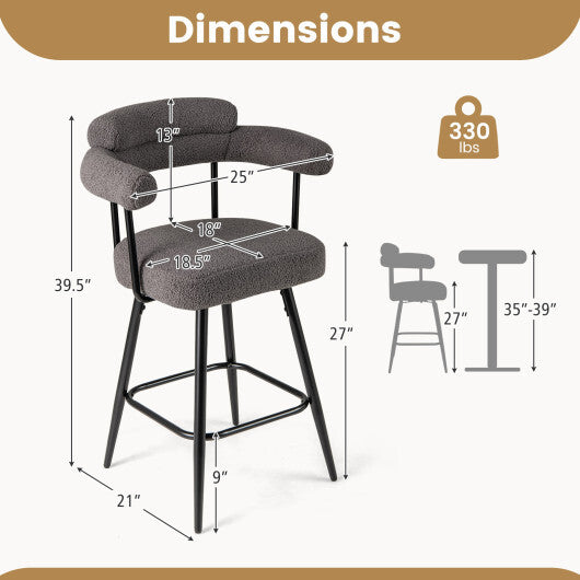 Swivel Bar Stool Set of 2 Counter Height Chairs with Curved Back and Arms-White