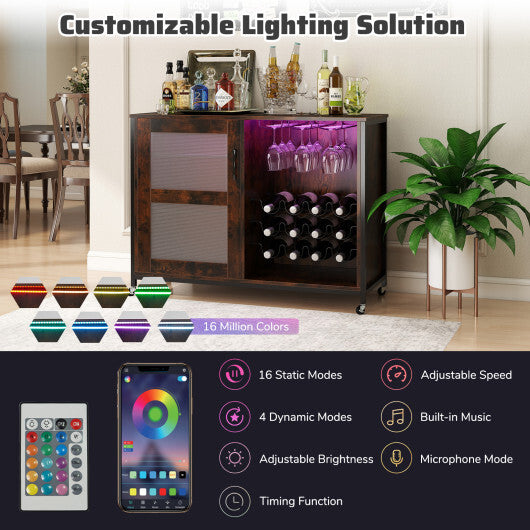 Wine Bar Cabinet with LED Light and Adjustable Shelves-Rustic Brown