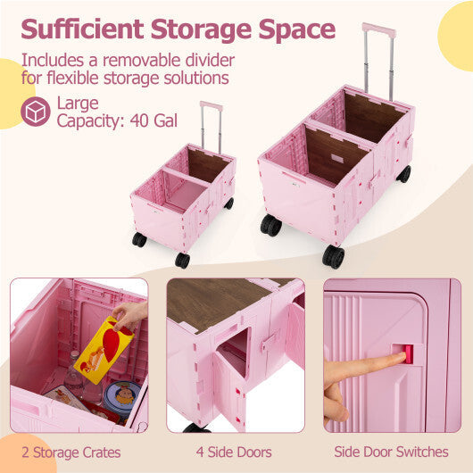 Large Foldable Utility Cart with 2-Tier Storage Crates and Telescoping Handle-White