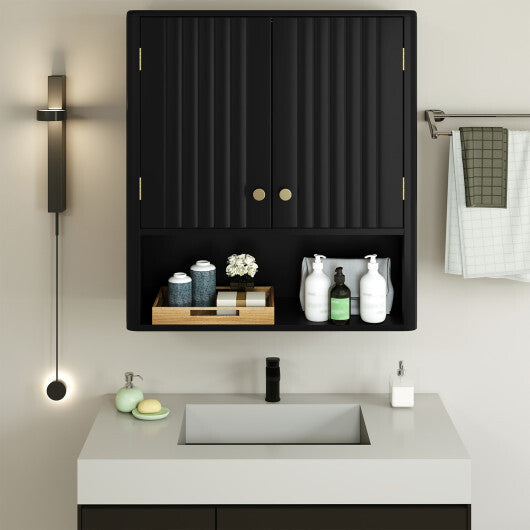 Fluted Bathroom Wall Cabinet with Open Shelf-Beige