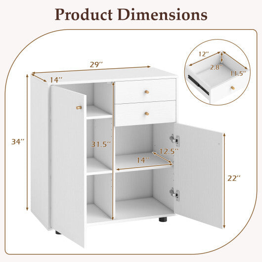 Kitchen Sideboard Buffet Cabinet Coffee Bar Cabinet with 2 Drawers 2 Doors and 3 Adjustable Shelves-White