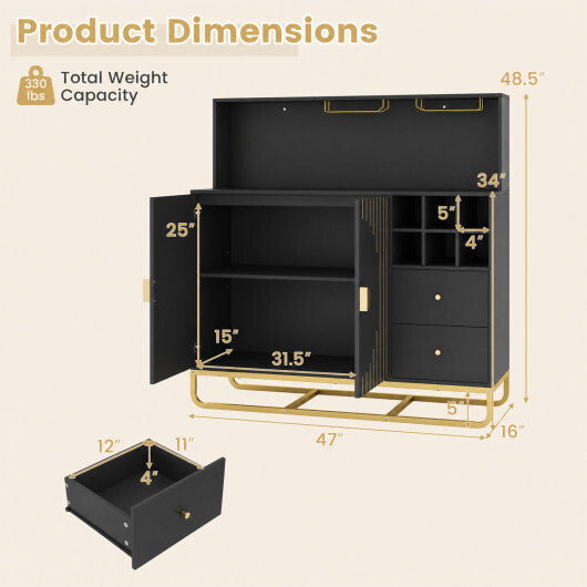 Home Bar Cabinet with Wine Rack Glass Holder and Adjustable Shelf-Black