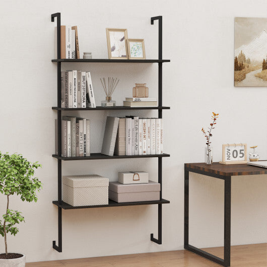 4-Tier Ladder Shelf Open Wall Mounted Bookcase with Wooden Boards and Metal Frame-Black