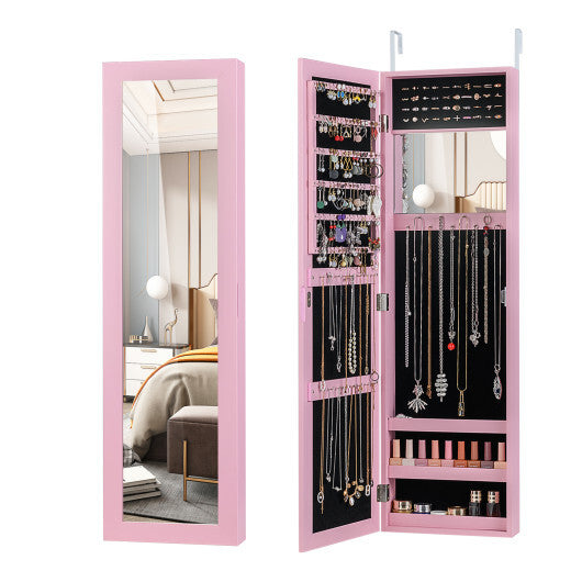 Full Length Mirror Jewelry Cabinet with Ring Slots and Necklace Hooks-Rustic Brown