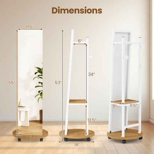 Coat Rack with Full Length Mirror Freestanding Coat Tree with 3 Hooks-Walnut