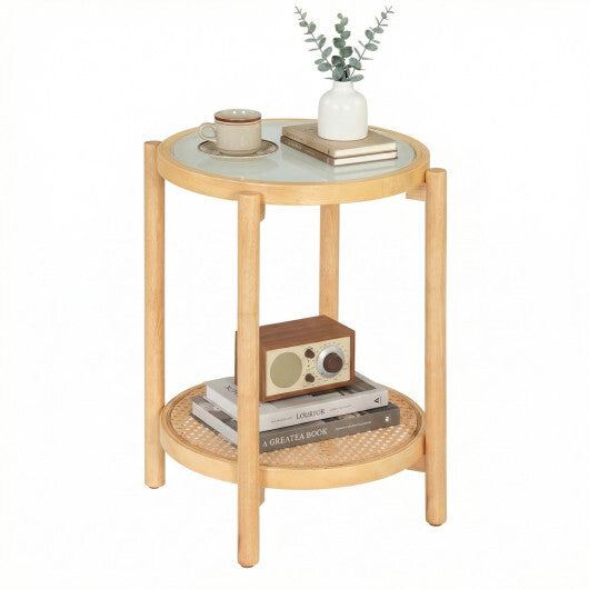 Round Side Table 2-Tier Boho End Table with Tempered Glass Top-Natural