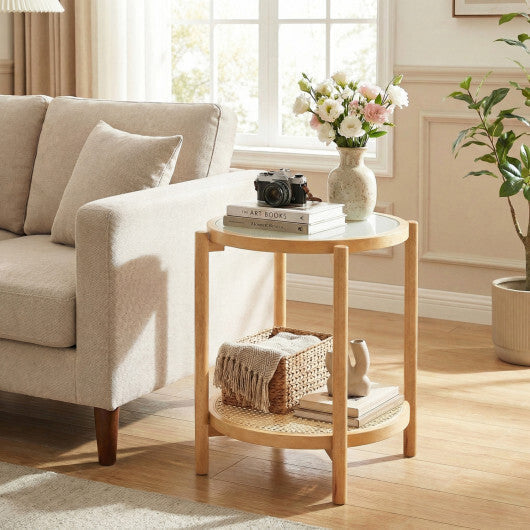 Round Side Table 2-Tier Boho End Table with Tempered Glass Top-Natural