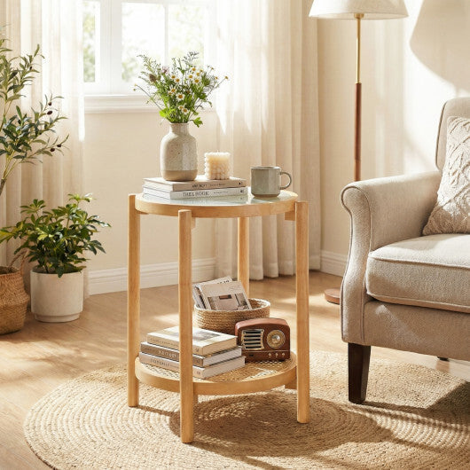 Round Side Table 2-Tier Boho End Table with Tempered Glass Top-Natural