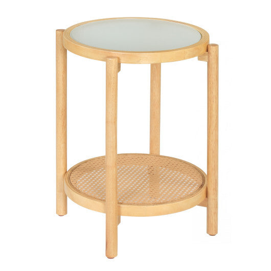 Round Side Table 2-Tier Boho End Table with Tempered Glass Top-Natural