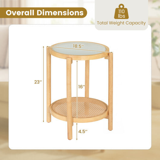 Round Side Table 2-Tier Boho End Table with Tempered Glass Top-Natural