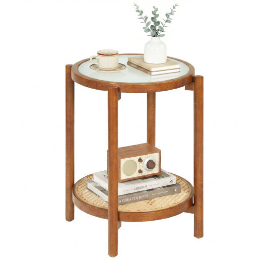 Round Side Table 2-Tier Boho End Table with Tempered Glass Top-Natural