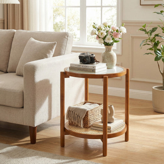 Round Side Table 2-Tier Boho End Table with Tempered Glass Top-Natural