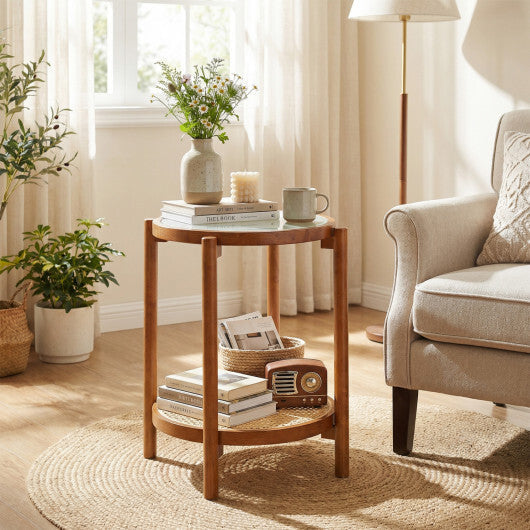 Round Side Table 2-Tier Boho End Table with Tempered Glass Top-Natural