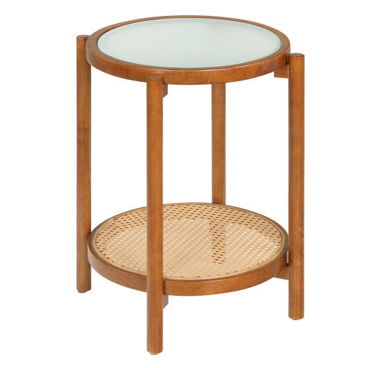 Round Side Table 2-Tier Boho End Table with Tempered Glass Top-Natural