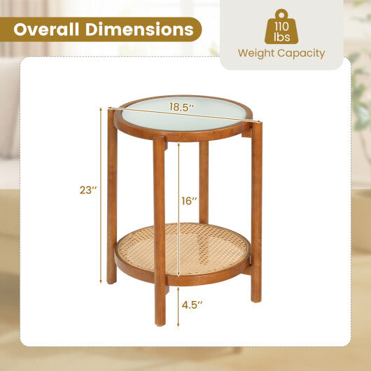 Round Side Table 2-Tier Boho End Table with Tempered Glass Top-Natural