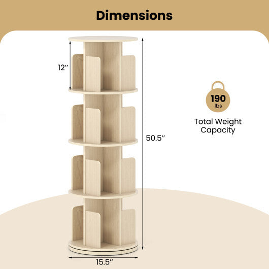 4-Tier Rotating Bookshelf 360 Display Rack with Dividers and Anti-falling Baffles-Natural