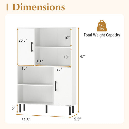 47 Inch Storage Cabinet Freestanding Bookcase with 2 Doors and 4 Open Shelves-Natural