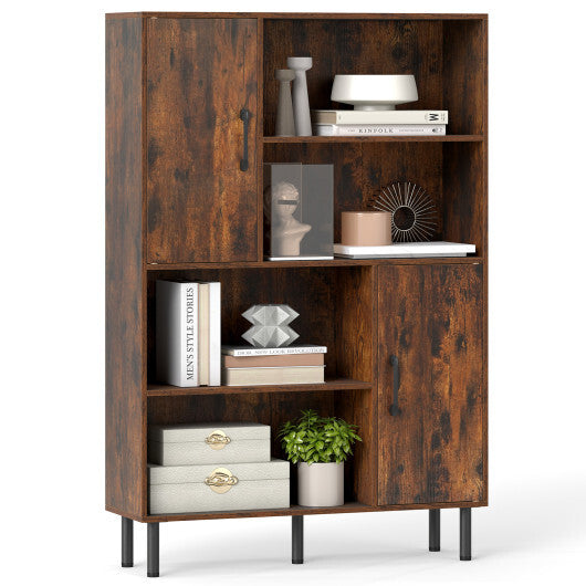 47 Inch Storage Cabinet Freestanding Bookcase with 2 Doors and 4 Open Shelves-Natural