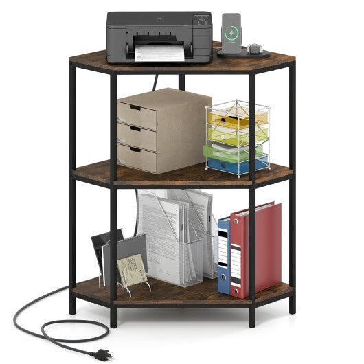 Corner Printer Stand 3-Tier Corner Shelf with Charging Station and Metal Frame-Rustic Brown