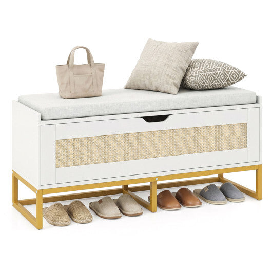 39.5" Rattan Storage Chest Wicker Shoe Bench with Padded Seat Flip-Top-White