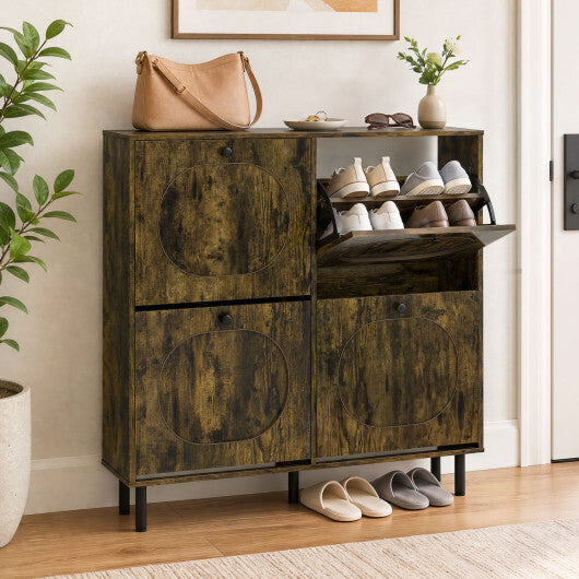 Shoe Storage Cabinet with 4 Flip Drawers and Aluminum Legs for Foyer and Hallway-Rustic Brown