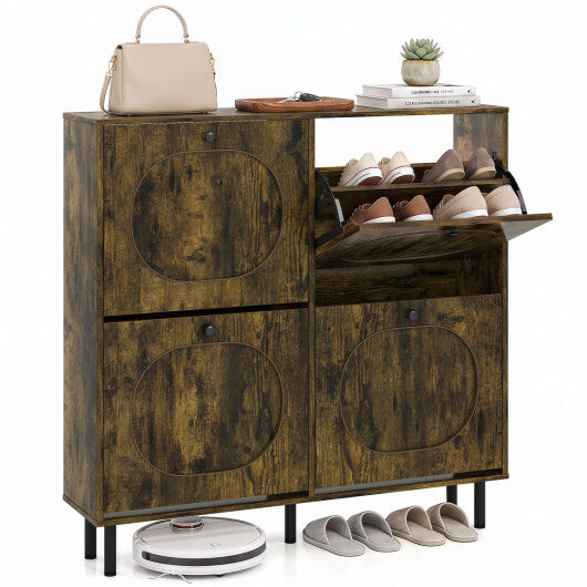 Shoe Storage Cabinet with 4 Flip Drawers and Aluminum Legs for Foyer and Hallway-Rustic Brown