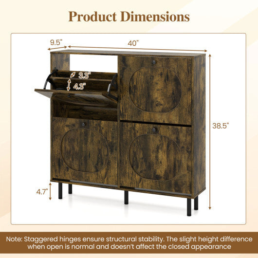 Shoe Storage Cabinet with 4 Flip Drawers and Aluminum Legs for Foyer and Hallway-Rustic Brown