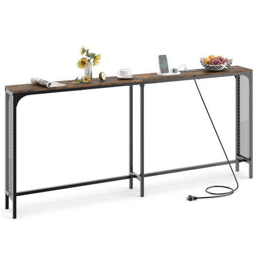 71 Inch Narrow Console Table with Power Outlet for Small Space-Rustic Brown