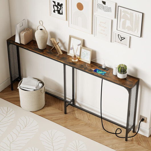 71 Inch Narrow Console Table with Power Outlet for Small Space-Rustic Brown