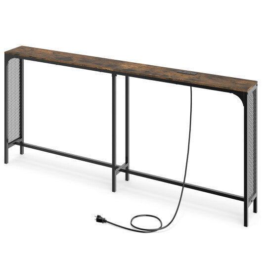 71 Inch Narrow Console Table with Power Outlet for Small Space-Rustic Brown