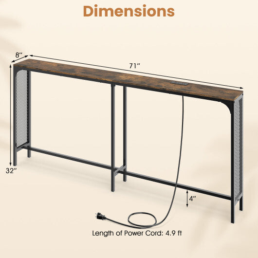 71 Inch Narrow Console Table with Power Outlet for Small Space-Rustic Brown