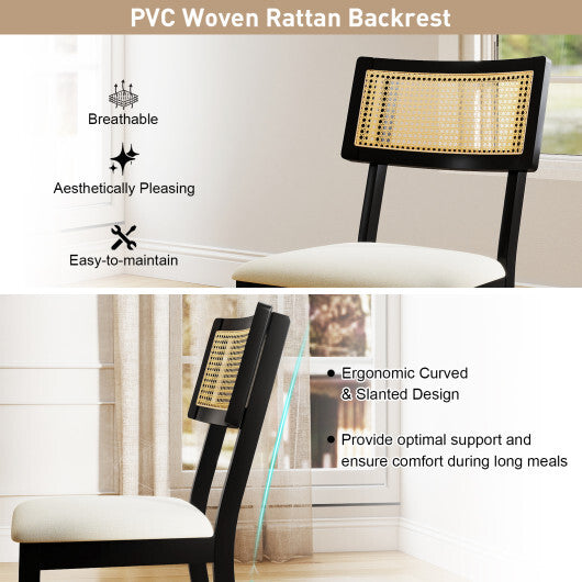 Rattan Dining Chairs Set of 2 Fabric Upholstered Kitchen Chairs with Padded Seat and Rubber Wood Legs-Black