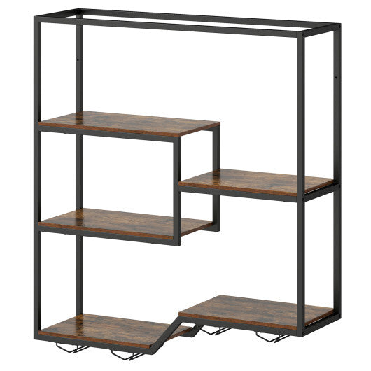 Wall Mounted Wine Rack 6-Tier Hanging Bar Shelf with Bottle Display Shelf and Glass Holder-Rustic Brown
