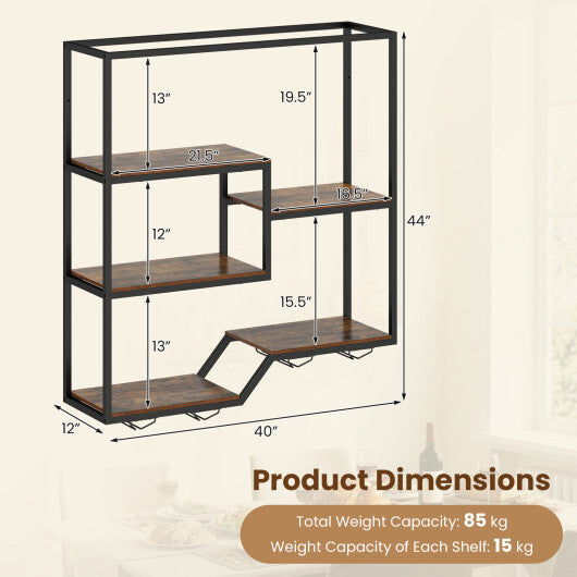 Wall Mounted Wine Rack 6-Tier Hanging Bar Shelf with Bottle Display Shelf and Glass Holder-Rustic Brown