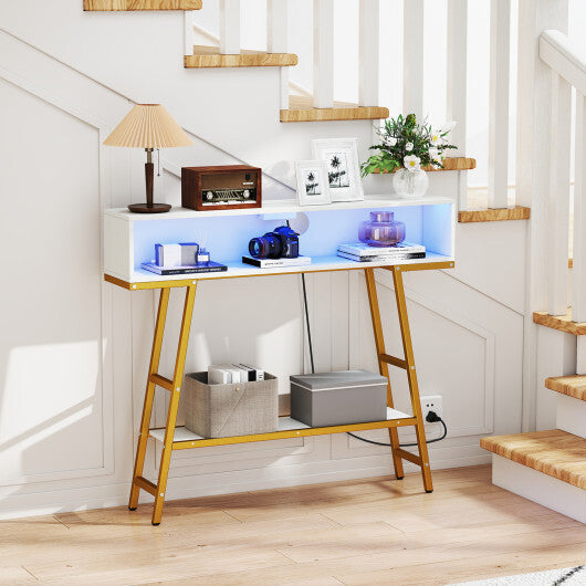40" Console Table with Charging Station and LED Lights-Rustic Brown