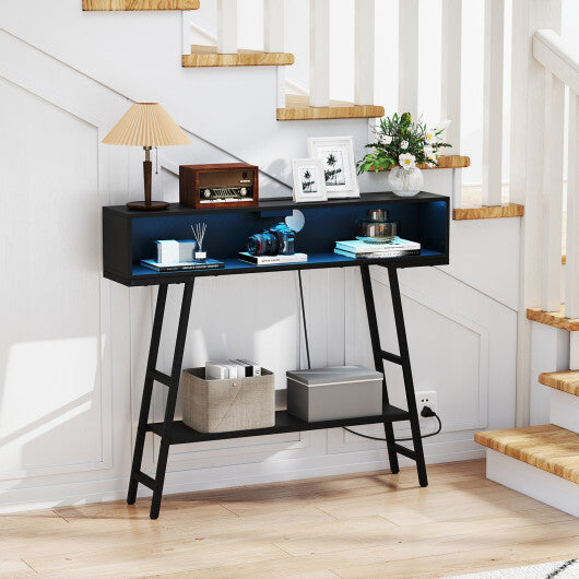 40" Console Table with Charging Station and LED Lights-Rustic Brown
