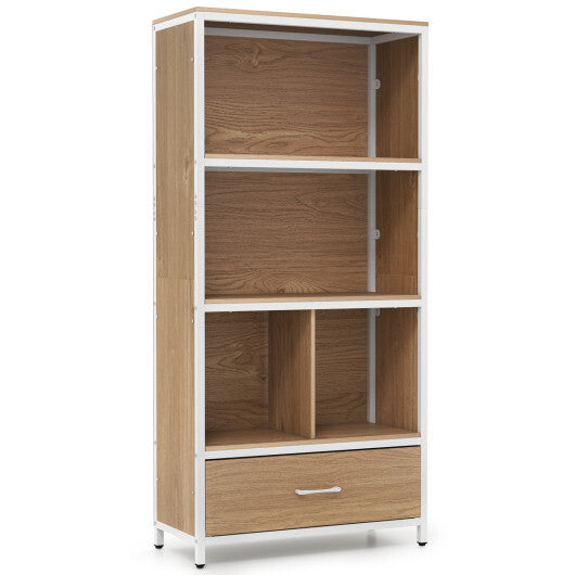 56" Tall Freestanding Bookcase with Drawer 5 Tier-RusticBrown