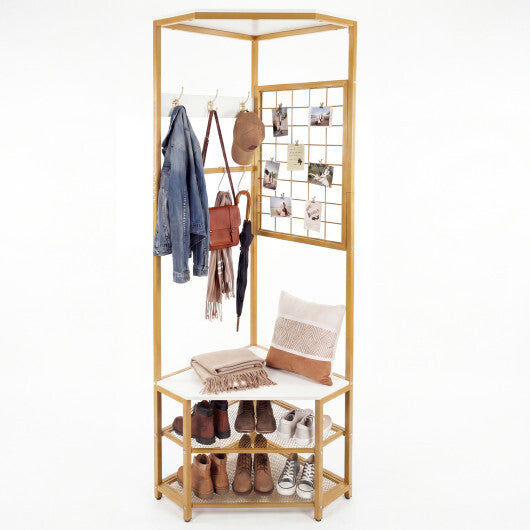 Corner Hall Tree Freestanding Coat Rack with Storage Shelves Removable Hooks-Brown